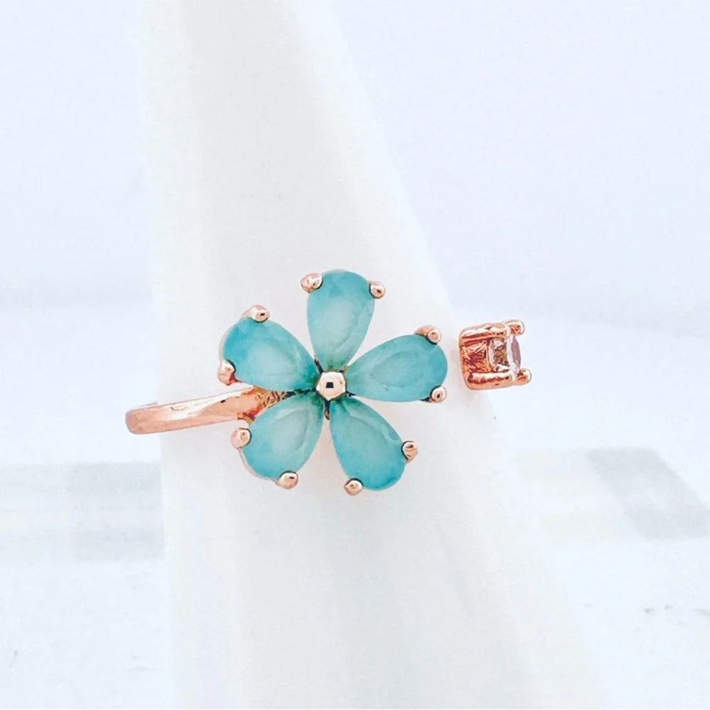 Korean Style Blue CZ Flower Rose Gold Ring with Adjustable Band